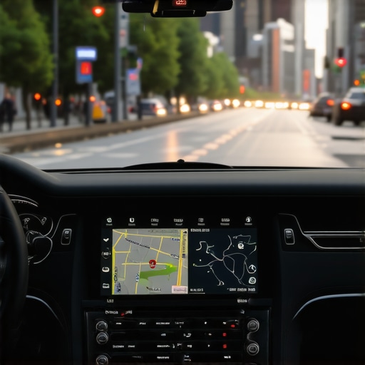Professional Chauffeur Navigation Hardware A close-up of a professional driver using dedicated GPS hardware in a luxury vehicle.