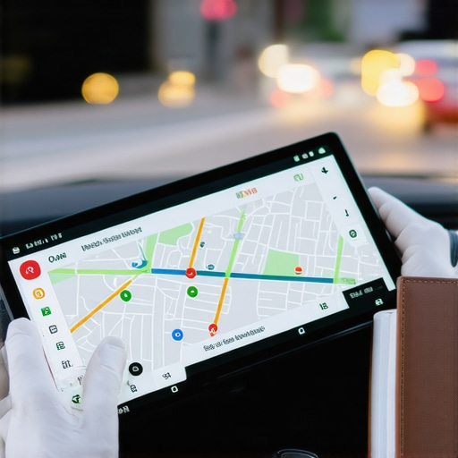 Professional Chauffeur Navigation Tools A professional driver's dashboard showing a navigation tablet and physical logbook for punctuality.
