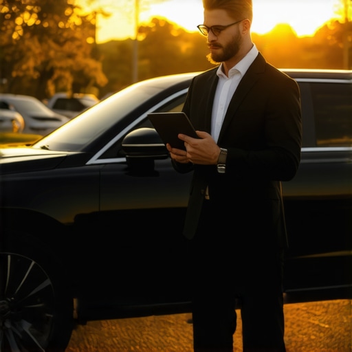 A chauffeur in a suit performing a pre-trip safety inspection on a luxury black sedan.