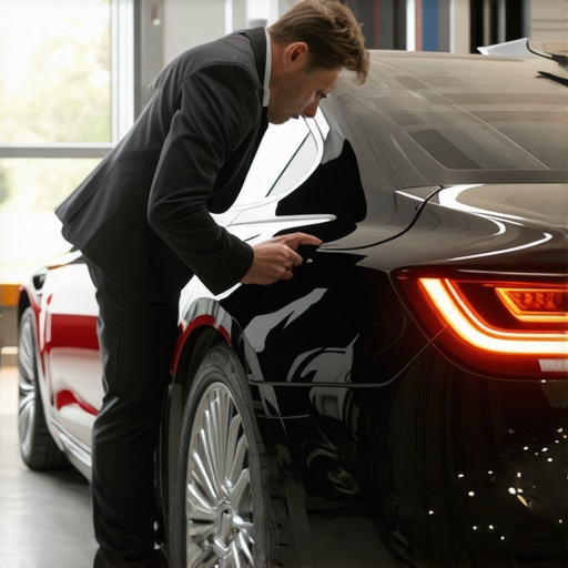 A chauffeur inspecting a luxury sedan for safety and maintenance before a reservation.