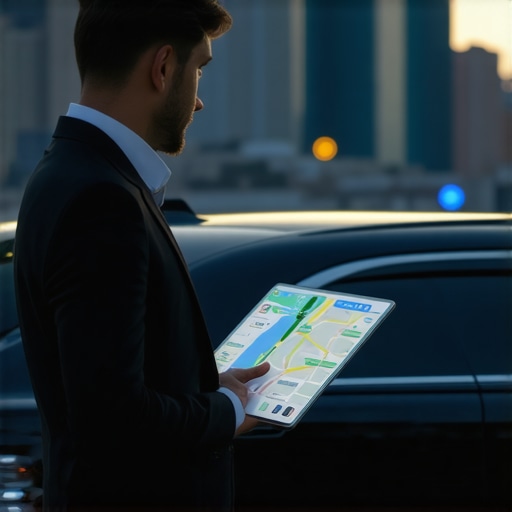 Professional chauffeur checking route on a tablet next to a black luxury car.