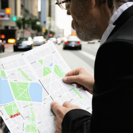 Professional Chauffeur Planning Urban Route A professional driver planning an alternative route in a busy city center to ensure an on-time arrival.