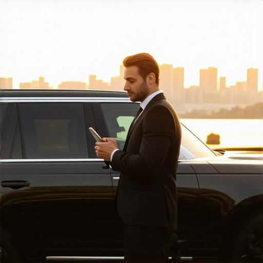 Professional Chauffeur Pre-Arrival Routine A professional driver checking his watch and tablet next to a luxury car before a scheduled pickup.