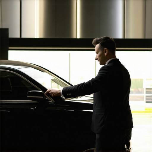 Professional Chauffeur Pre-Trip Safety Check A professional driver inspecting a black luxury sedan before a scheduled pickup.