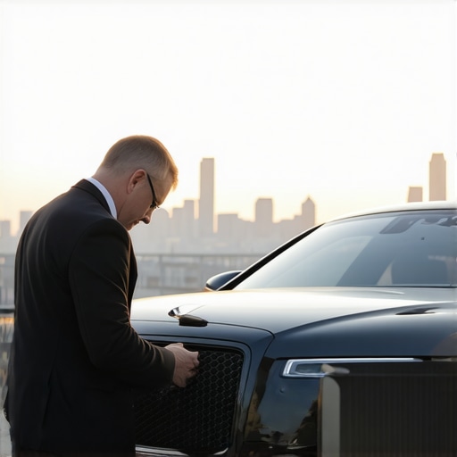 Professional Chauffeur Pre-Trip Safety Inspection A driver inspecting a luxury vehicle for maintenance and safety before a reservation.