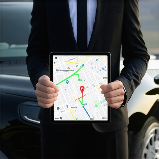 A professional driver verifying a pre-planned route on a tablet next to a luxury car.
