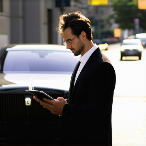 Professional Chauffeur Preparing for an Early Morning Pickup A chauffeur performing a pre-trip safety and route check before a client arrival.
