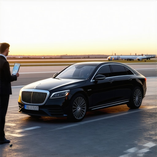 Professional Chauffeur Punctuality at Airport A professional driver waiting with a luxury car at an airport terminal.