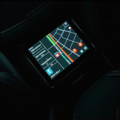 High-tech GPS tracking dashboard inside a luxury private car at night