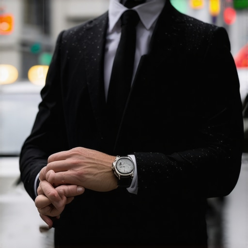 A professional driver checking his watch next to a luxury car in rainy weather.