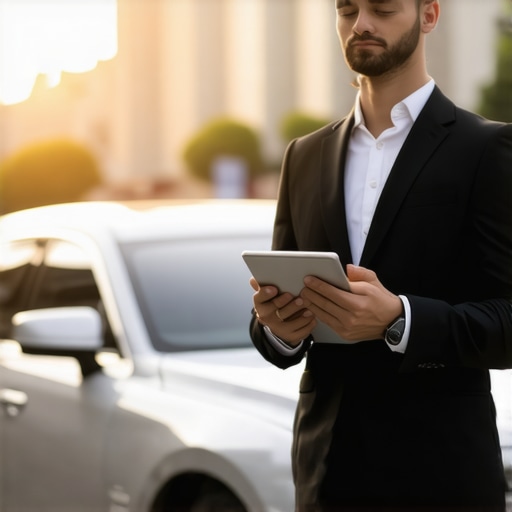Professional Chauffeur Reservation Verification A driver checking a digital reservation on a tablet next to a luxury car.