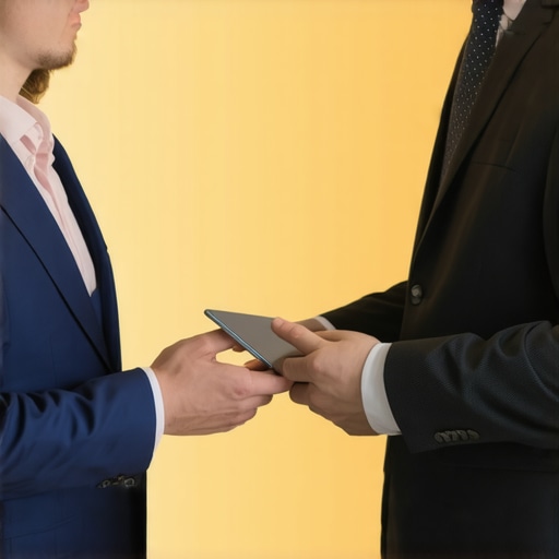 Professional Chauffeur Returning Lost Property in Secure Setting A chauffeur returning a lost tablet to a client in a secure hotel lobby.