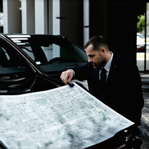 Professional Chauffeur Route Planning A professional chauffeur planning a route manually for a high-stakes client reservation.