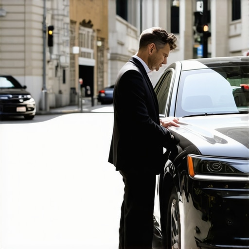 Professional Chauffeur Safety Check A professional driver inspecting a luxury vehicle for safety before a pickup.