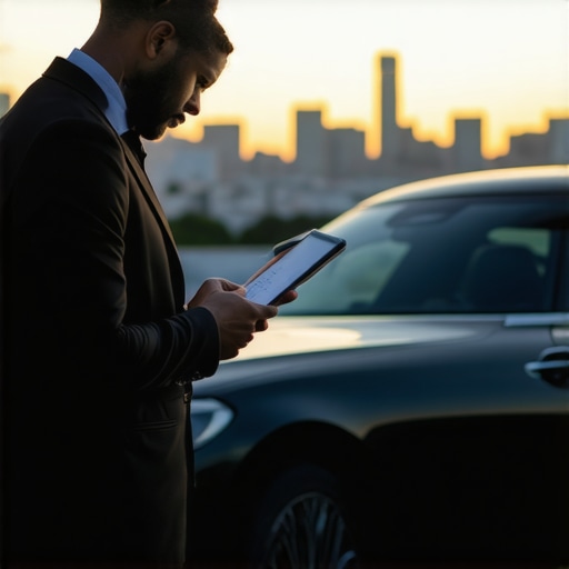 Professional Chauffeur Safety Verification A chauffeur verifying logs for a safe hourly reservation.