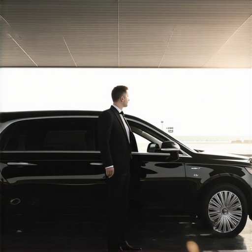 Professional Chauffeur Service Airport Pick Up A luxury sedan with an open door parked at a clean airport terminal curb with a professional chauffeur waiting.