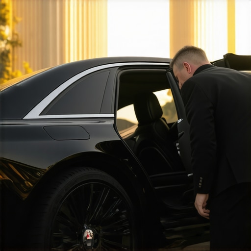 Professional Chauffeur Service Fleet Standards A well-maintained luxury vehicle with a professional driver opening the door for a passenger.