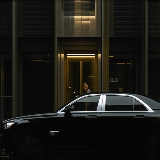 A black luxury sedan waiting outside a corporate office building illustrating the buffer zone staging rule