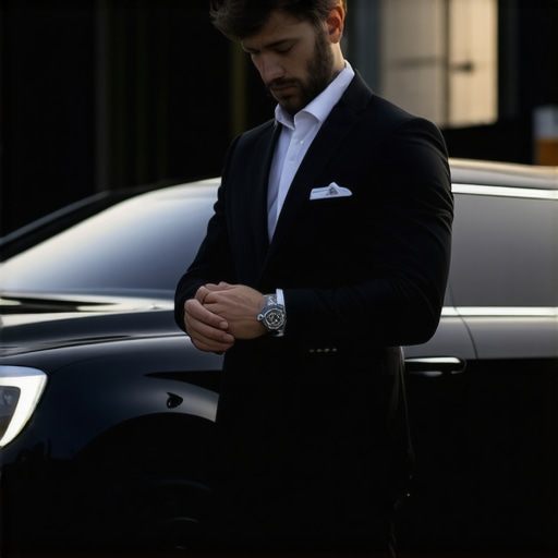 Professional Chauffeur Staging Early for a Reservation A professional driver checking his watch while staged early for a private vehicle reservation.