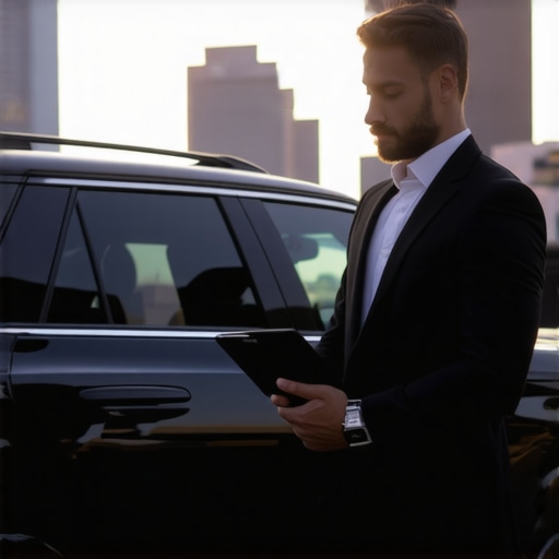 A professional chauffeur verifying timing and route details next to a luxury vehicle to ensure a secure and on-time reservation.