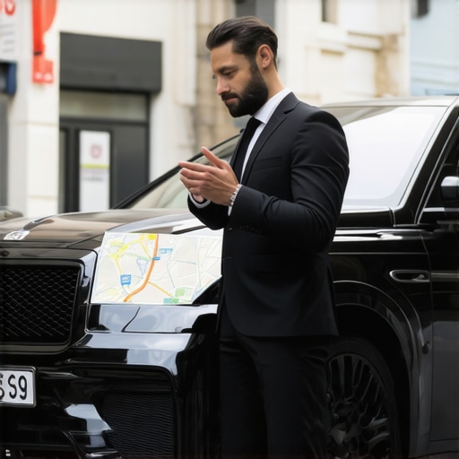 A professional driver checking a tablet next to a luxury car in an urban setting.