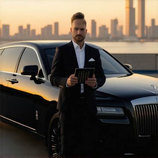 Professional Chauffeur Syncing Schedule A chauffeur using a tablet to sync a luxury ride reservation with a passenger's calendar for on-time arrival.