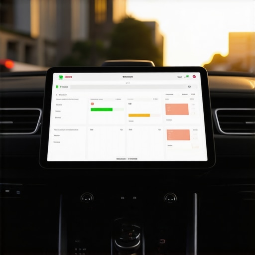 Professional Chauffeur Tech Setup Dashboard of a professional car service with a tablet and dashcam for safety.