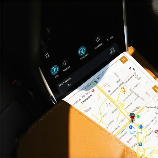 Professional Chauffeur Tech and Backup Tools A high-tech telematics display and a physical map inside a professional hire vehicle