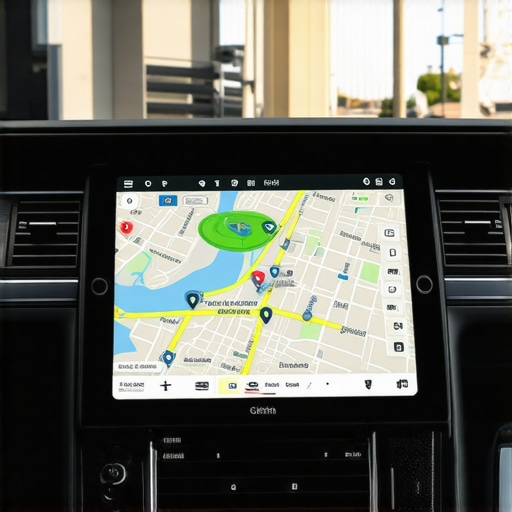 Professional Chauffeur Telemetry and Navigation Tools High-tech navigation and safety monitoring tablet inside a professional chauffeured vehicle.