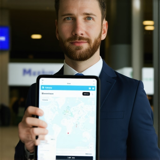A chauffeur using a tablet to monitor real-time flight status at a terminal.