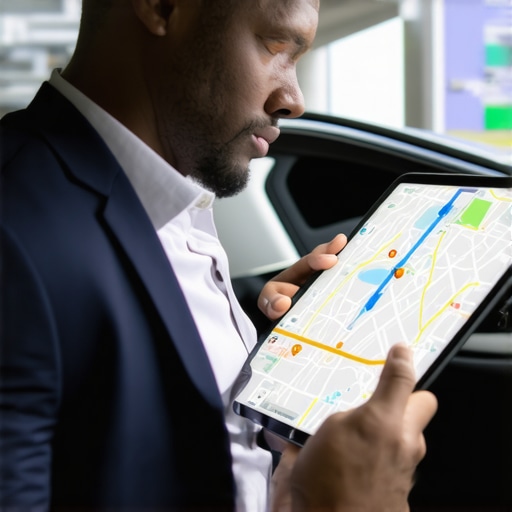 Professional Chauffeur Using Map and GPS A high-end driver comparing a digital navigation screen with a physical map for route precision.