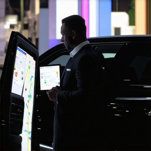 A professional driver checking advanced traffic data on a tablet next to a luxury vehicle.