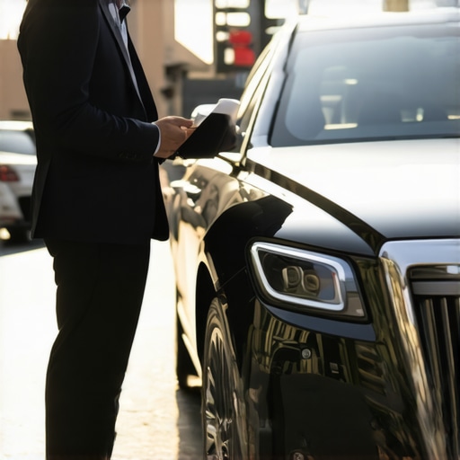 A professional chauffeur holding a tablet to verify a passenger reservation next to a luxury car.