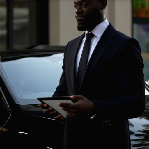 A professional chauffeur greeting a client with a digital identification tablet.
