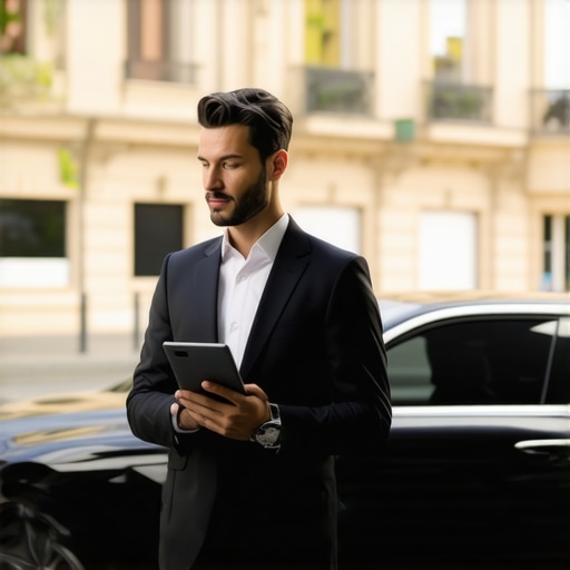 Professional Chauffeur Verification Process A chauffeur showing a digital reservation on a tablet next to a black car.