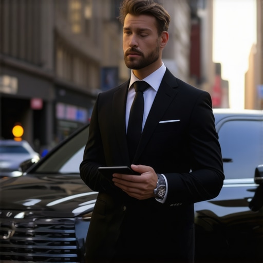 A professional chauffeur waiting by a luxury sedan for an executive pickup
