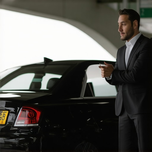 A chauffeur waiting by an executive sedan with visible commercial plates