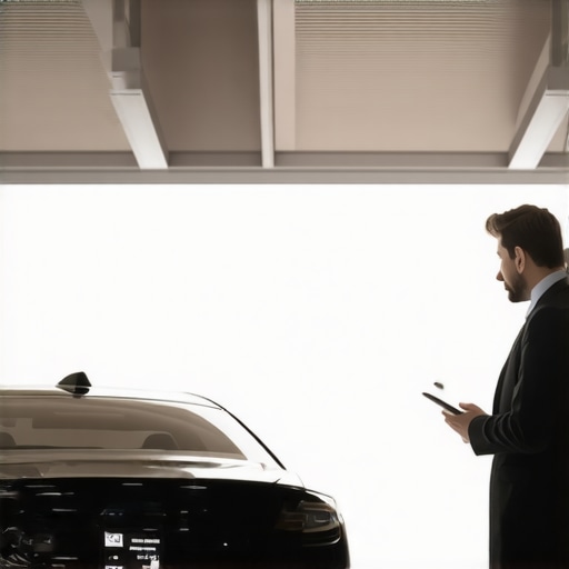 Professional Chauffeur Verifying Booking at Airport A professional chauffeur verifying a booking on a tablet next to a luxury car.