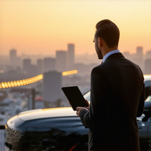 A chauffeur checking travel routes on a digital tablet next to a luxury car