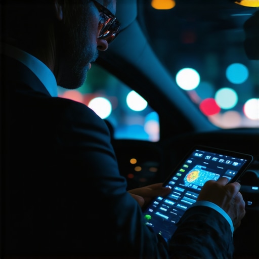 A professional driver checking a dispatch tablet to ensure on-time arrival and reservation security.