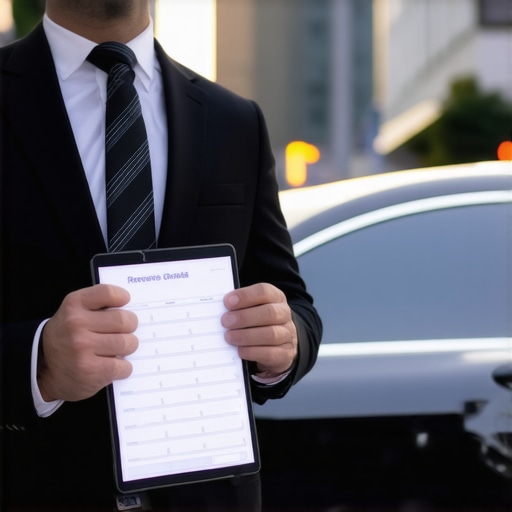 Professional Chauffeur Verifying Hourly Reservation A professional chauffeur standing by a luxury sedan checking a digital reservation to ensure on-time arrival.