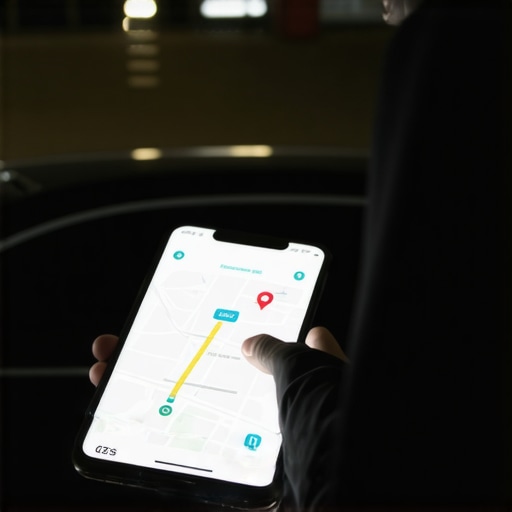 Professional Chauffeur Verifying Identity at Night A driver showing a tracking app to a passenger for safety verification.