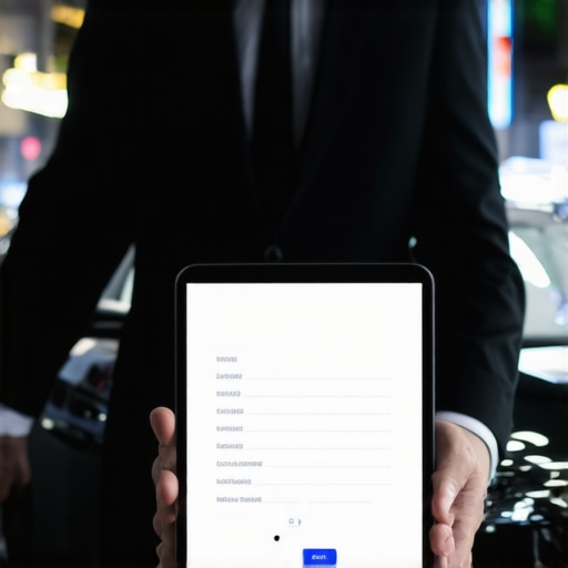 A chauffeur holding a tablet with reservation details next to a luxury car at night.