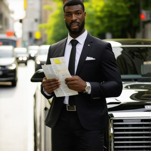Professional Chauffeur Verifying Route Manually A driver using a physical map and tablet to verify travel routes for safety and punctuality.