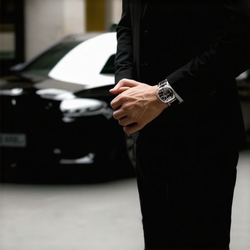 A professional private driver checking his watch next to a premium corporate vehicle to ensure on-time passenger pickup.