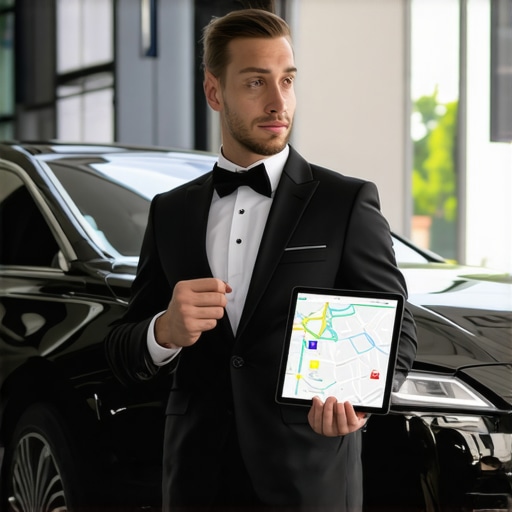 Professional Chauffeur Verifying Secure Hourly Reservation A chauffeur in a suit stands by a black luxury sedan while checking a tablet for reservation details.