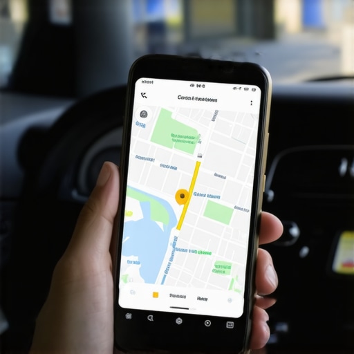Professional Chauffeur Verifying Secure Route Data A chauffeur's hand holding a phone with a secure GPS tracking app inside a luxury vehicle.