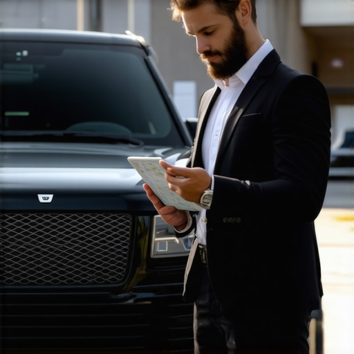 Professional Chauffeur Verifying Travel Logistics A professional chauffeur using a tablet to check real-time flight and traffic data next to a luxury vehicle.