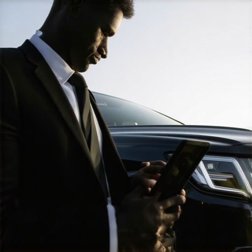 Professional Chauffeur Verifying Trip Schedule A private driver checking a digital tablet for reservation details next to a luxury car.