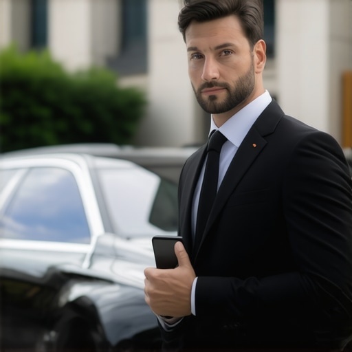 Professional Chauffeur Verifying a Reservation A professional driver in a suit stands by a luxury black car holding a tablet for identity verification.